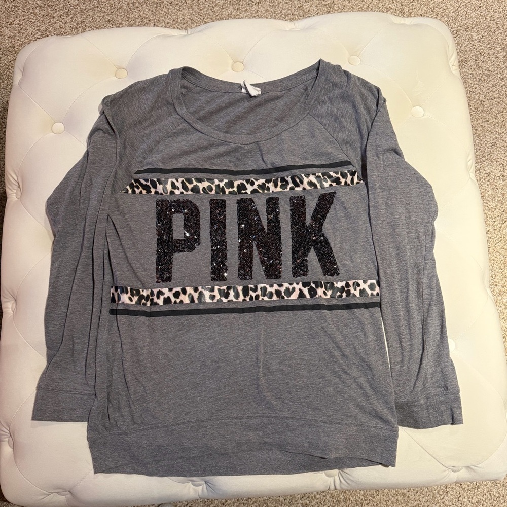 PINK Victoria's Secret Gray Graphic Tee with Leopard Trim